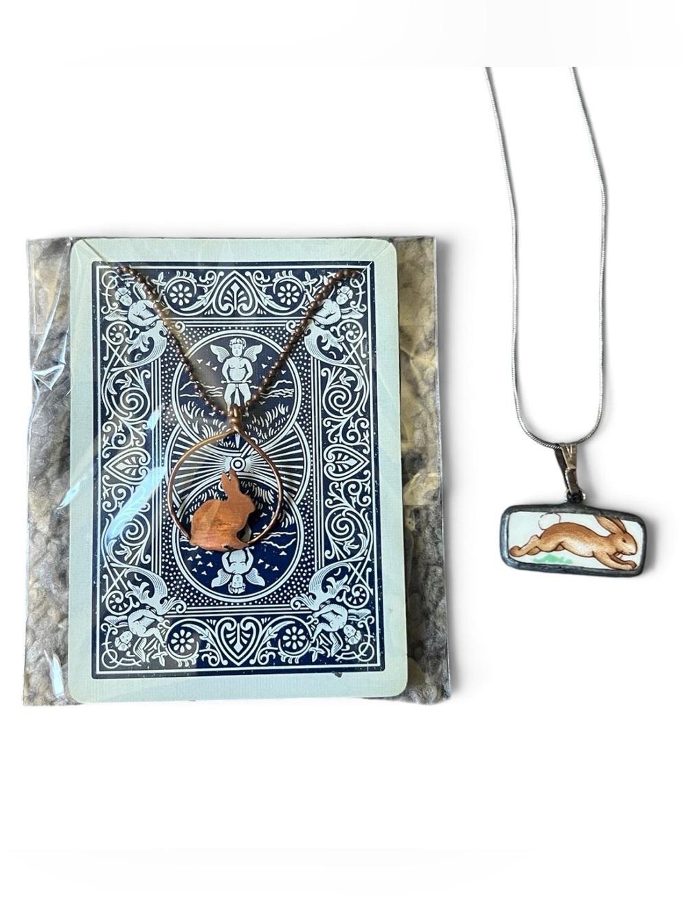 Set of 2 Necklaces Hand-Painted Rabbit Pendant & Copper Cut-Out Pendant Vintage